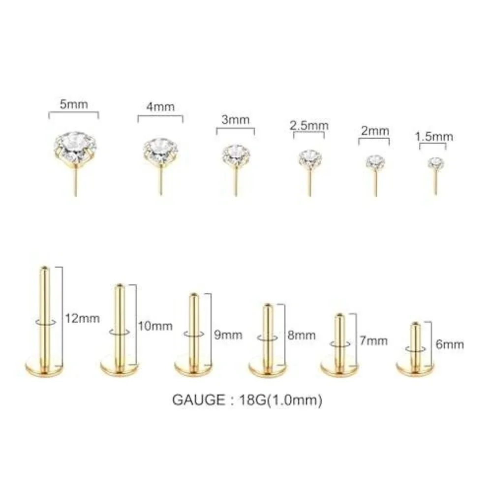 14K Gold Plated Labret Stud Earrings Set CZ‎ Flat Back Cartilage